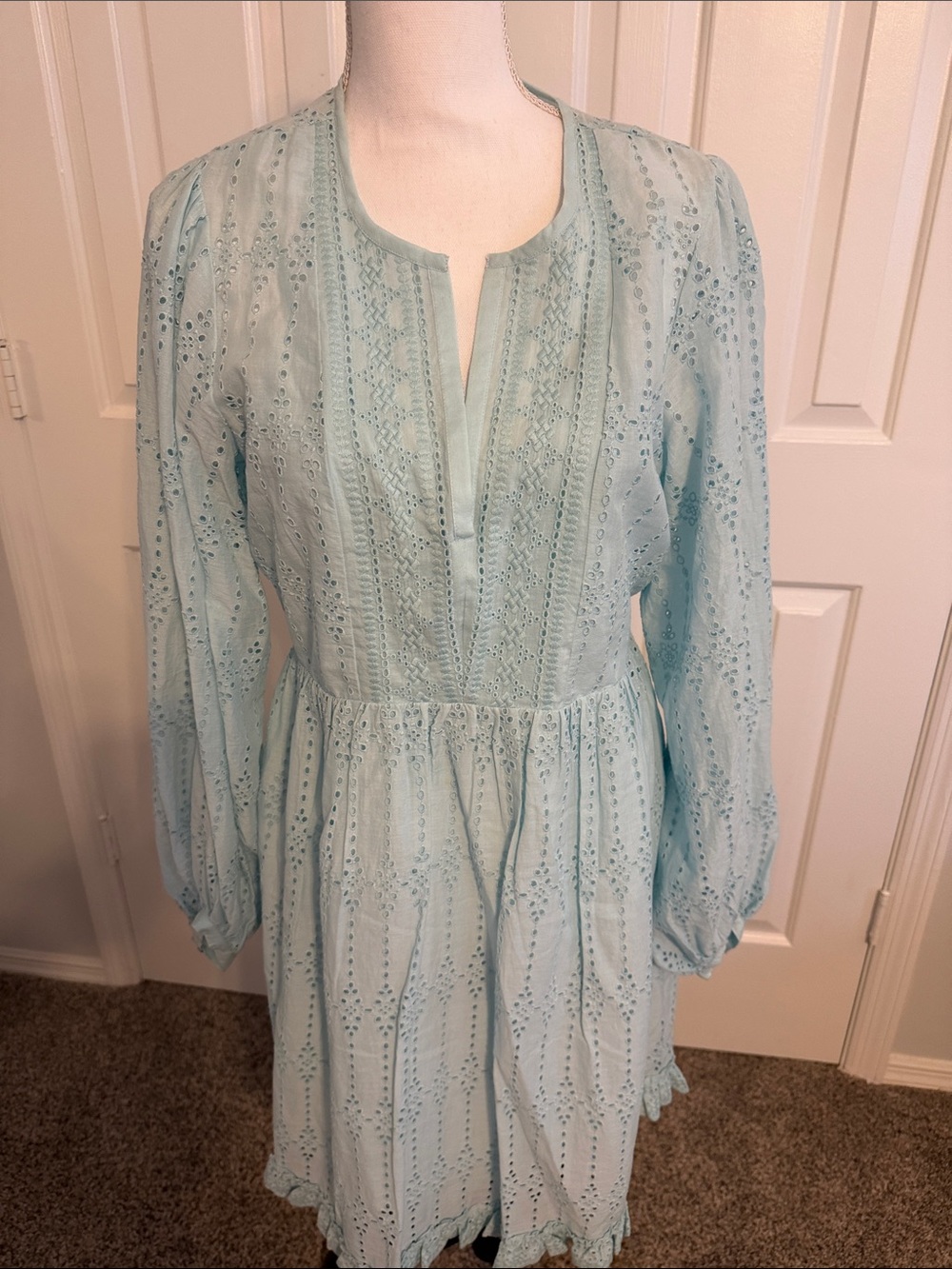 Anthropologie Pale Blue Eyelet Long Sleeve Dress
